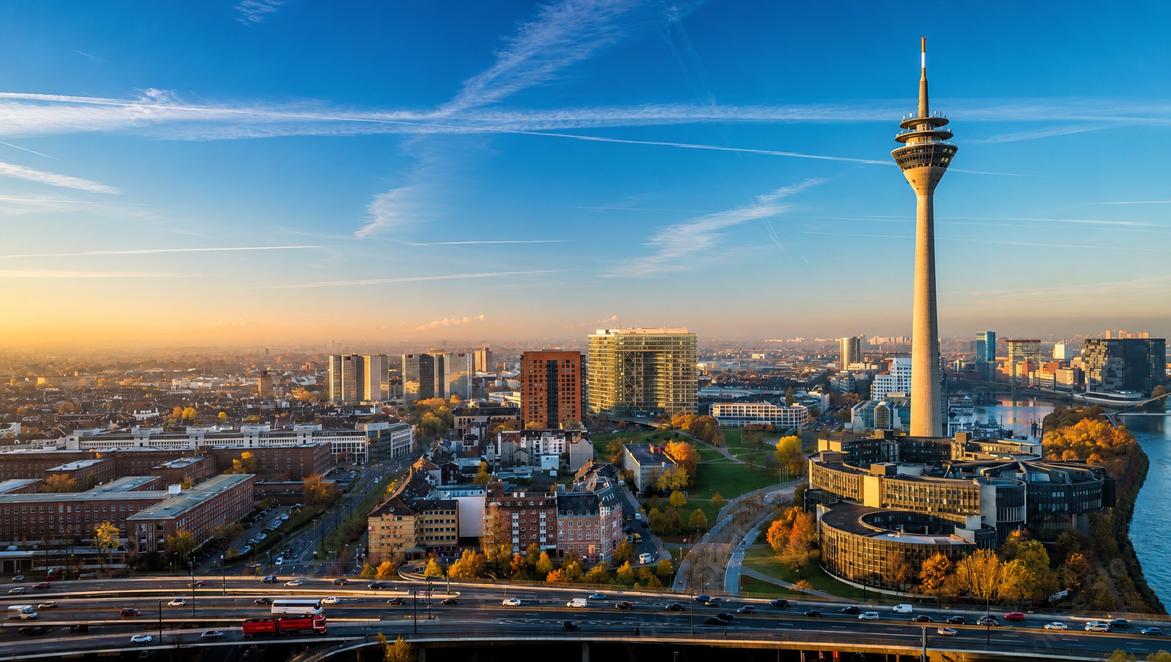 Luftaufnahme einer modernen Stadt im Abendlicht