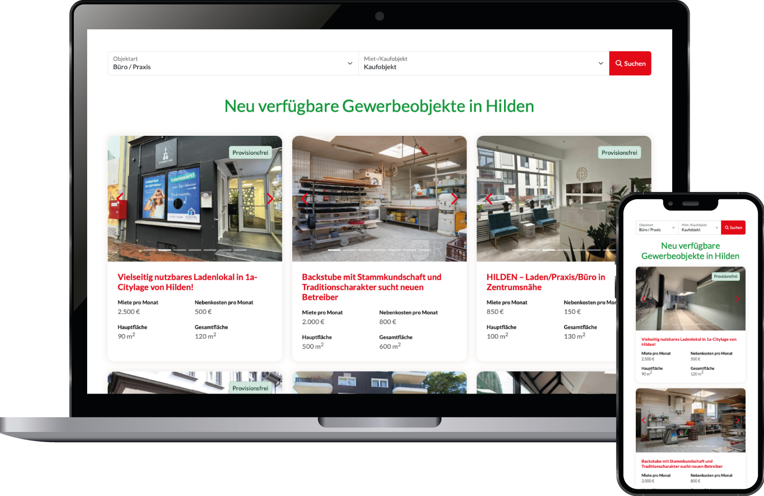 StandortKOMPASS Portal auf MacBook und iPhone: Übersicht neu verfügbarer Gewerbeobjekte
